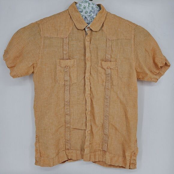 Bohio Guayabera Shirt Mens 1X Linen Orange White Button Up Short Sleeve Big - Picture 1 of 11